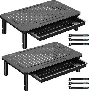BONTEC 2 Pack Monitor Stand Riser with Drawer, 3 Height Adjustable PC Monitor Riser for Desk with Mesh Platform for Laptop, Computer, iMac, PC, Printer up to 44LBS/20KG, Cable Ties Included
