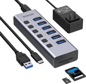 Powered USB Hub, 8-Port USB Hub 3.0 with SD/TF Card Readers, USB 3.0 Port Hub with Individual On/Off Switches and 5V/4A Power Adapter, USB C Hub Splitter for Laptop