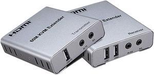HDMI KVM USB Extender 1080P 60Hz, BolAAzuL HDMI KVM USB Extender Over Cat5/6 Ethernet Cable Signal Extension to 196FT/60M Support IR Control, USB Keyboard Mouse Plug & Play (Transmitter and Receiver)