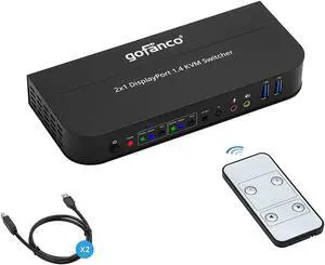 gofanco 2 Port DisplayPort KVM Switch with USB 3.0  DisplayPort 1.4, 4K @60Hz 4:4:4, HDR, HDCP 2.2/1.4, USB Keyboard/Mouse, USB 3.0 Hub, MIC in, Stereo Out, IR Remote, Hotkeys (KVMDP-2P)