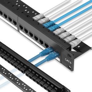 Patch Panel 24 Port Cat6 with Inline Keystone 10G Support, Pass-Thru Coupler UTP 19-Inch with Removable Back Bar, 1U Network Patch Panel for Cat6, Cat5e, Cat5 Cabling