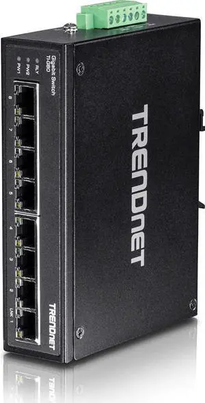 TRENDnet 8-Port Hardened Industrial Gigabit DIN-Rail Switch, 16 Gbps Switching Capacity, IP30 Rated Metal Housing (-40 to 167 ºF), DIN-Rail & Wall Mounts Included, Lifetime Protection, Black, TI-G80