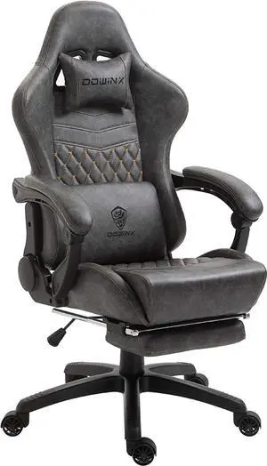 Dowinx Gaming Office, PC with Massage Lumbar Support, Vintage Style PU Leather High Back Adjustable Swivel Task Chair with Footrest (Light Grey)
