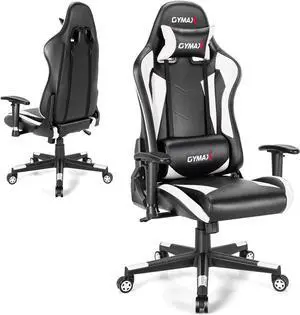 GYMAX Computer Gaming Chair, Racing Style Office Chair with Adjustable Lumbar Support Headrest, 360° Swivel, Height Adjustable Ergonomic Reclining Gaming Chair for Home Office Leisure Room (White)