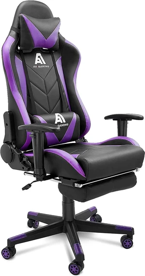 AA Products Gaming Chair - High Back Ergonomic Computer Racing Chair with Footrest, Lumbar Support and Swivel - Black/Purple AA Products Gaming Chair - High Back Ergonomic Computer Racing Chair with Footrest, Lumbar Support and Swivel - Black/Purple