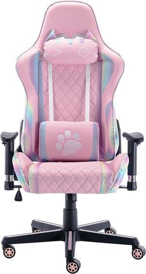 HEAH-YO Pink Gaming Chair with Cute Cat Headrest and Lumbar Support Ergonomic Comfortable Computer Desk Chair for Adults and Kids, Rainbow, Black Base