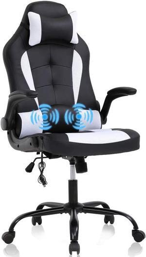 Massage Gaming Chair Ergonomic Office Chair High Back Desk Chair PU Leather Executive Chair with Lumbar Support Headrest Armrest PC Racing Computer Chair Task Rolling Swivel Chair, White