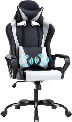 Pc Gaming Chair High Back Ergonomic Office Chair with Lumbar Support Arms Headrest Massage PU Leather Racing Computer Chair Adjustable Swivel Game Chair for Adult Kid, White