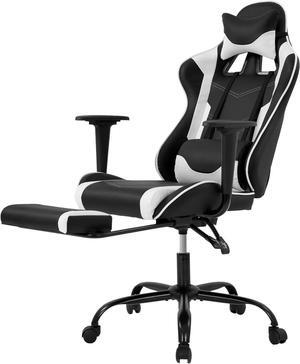 BestOffice Ergonomic PC Racing Gaming Chair Cheap Office Desk Chair PU Leather Computer Chair Lumbar Support with Footrest Modern Task Rolling Swivel Chair for Women, Men(White)