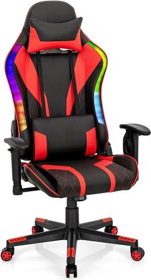Giantex Gaming Chair with RGB LED Lights, Ergonomic Video Game Chair, High Back PVC Leather E-Sport Computer Chair Adjustable w/Headrest & Lumbar Support (Red)