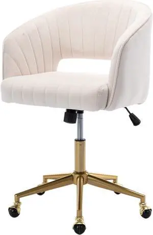 Nrizc Velvet Office Desk Chair, Upholstered Home Office Desk Chairs with Adjustable Swivel Wheels, Ergonomic Office Chair for Living Room, Bedroom, Office, Vanity Study (Beige)