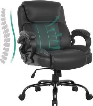 Big and Tall Office Chair, 400lbs Wide Seat Computer Desk Chair, Ergonomic Executive Task Chair for Heavy People, Mid Back Leather Swivel Chair with Lumbar Support Arms for Home Office, Black