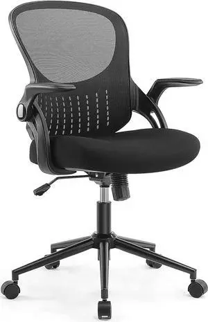 Office Chair - Ergonomic Flip-up Arm Home Office Computer Swivel Task Chair with Lumbar Support, Wide Seat, Thickened Cushion, Widened Backrest, Storage Back Basket
