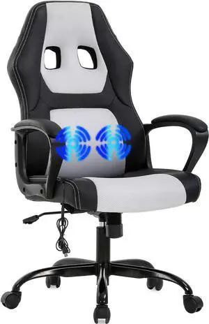 Gaming Chair Office Chair Desk Chair Massage Ergonomic PU Leather Racing Chair with Lumbar Support Headrest Armrest Task Rolling Swivel Computer Chair for Women Adults Girls(White)