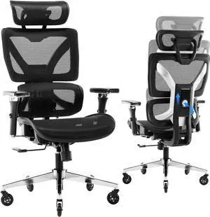 Multifunctional Big and Tall Mesh Office Chair - Adjustable Backrest Height, 4D Arms, Lumbar Support, Headrest and Tilt Angle - Metal Base Quiet Rubber Wheels Ergonomic High Back Computer Desk Chair