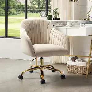 HULALA HOME Velvet Home Office Desk Chair, Modern Cute Computer Task Chair, Wheels Swivel Height Adjustable Upholstered Vanity Chair for Women, Girls (Gold Base, Tan) HULALA HOME Velvet Home Office Desk Chair, Modern Cute Computer Task Chair, Wheels Swivel Height Adjustable Upholstered Vanity Chair for Women, Girls (Gold Base, Tan)