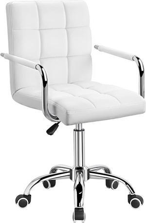 Mid-Back Office Task Chair Ribbed PU Leather Executive Modern Adjustable Home Desk Retro Comfortable Work Chair 360 Degree Swivel with Arms (White)