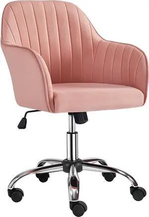 Yaheetech Pink Desk Chair Velvet Vanity Chair Desk Chair Comfy Modern Aesthetic Accent Chair Height Adjustable 360° Swivel Computer Chair for Bedroom or Office