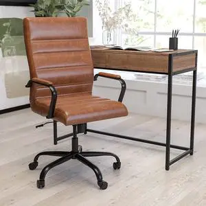 Merrick Lane Milano Contemporary High-Back Brown Faux Leather Home Office Chair with Padded Black Arms
