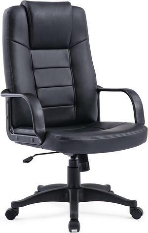 Home Office Chair, Modern Upholstered Mid-Back PU Leather Task Desk Chair with Arms, Adjustable Rocking Swivel Computer Chair with Wheels (Black)