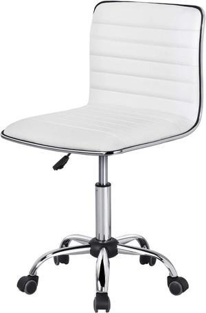 Topeakmart PU Leather Low Back Armless Desk Chair Ribbed Armless Swivel Task Chair Office Chair Wheels White