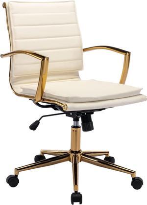 CIMOTA Leather Office Chair Comfortable Mid-Back Gold Office Desk Chair with Wheels and Arms Gold Frame Modern Ergonomic Conference Task Chair Swivel Chair for Teens Adults, PU Beige