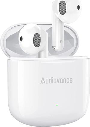 Audiovance NT301 Earbuds, Wireless Headphones Bluetooth Ear Buds for iPhone and Android, Comfort Fit, Premium Sound, Clear Calls, Wireless Charging, Waterproof, 23H Battery Earphones (White)