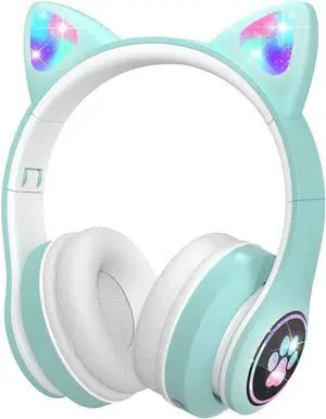 VuyKoo Kids Headphones with Microphone/RGB LED Light Up, Cat Ear Bluetooth Headphones 94dB Volume Limiting, Foldable Stereo Over-Ear Headphones for Kids Tablet/School/iPad/Smartphone (Green)
