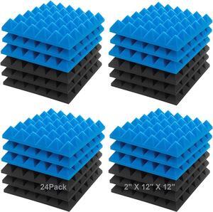 JBER Acoustic Sound Foam Panels, 24 Pack 2" X 12" X 12" Blue and Black Soundproofing Treatment Studio Wall Padding Sound Absorbing Fireproof Pyramid Acoustic Treatment