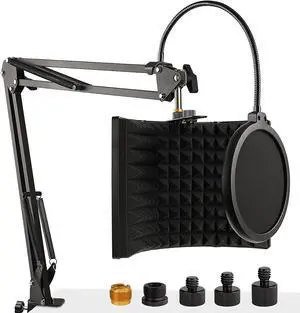 Microphone Isolation Shield with Mic Stand and Pop Filter, Foldable Sound Shield for Most Condenser Microphone Recording Equipment Studio, High Density Absorbent Foam to Filter Vocal by Frgyee
