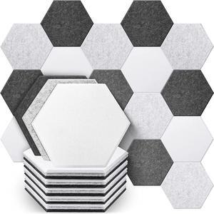 Drydiet 18 Pieces Hexagon Acoustic Panels Felt Sound Proofing Padding Beveled Edge Flame Retardant, 14 x 12 x 0.4 Inch High Density Dampening Panel for Studio Home Office, Light Grey, White, Dark Grey