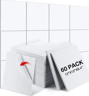 60 PCS Acoustic Panels 12 x 12 x 0.4 Inch Square Sound Absorbing Board Self Adhesive Soundproof Wall Panels Sound Proof Polyester Tiles for Home Studio Rooms Noise Canceling Reduction (White)