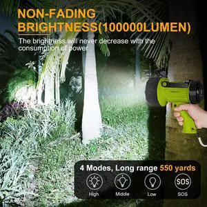 YIERBLUE Rechargeable Spotlight Flashlight with 150000 Lumen LED, IP67 Waterproof Long Running Spot Light searchlight, Impact Resistant Handheld Spotlight with Foldable Stand and Detachable Red Lens