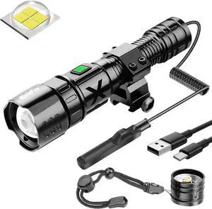 WholeFire Bright Flashlights with Picatinny Rail Mount - 10000 High Lumens Flashlight USB Rechargeable Waterproof LED Flashlight for 2 Pressure Switch Included, 5 Modes, Adjustable Focus