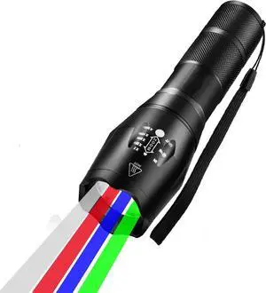 4 in 1 Multicolor flashlight, 300 Lumen Zoomable One Mode White Red Green Blue Light, Hunting Flashlight