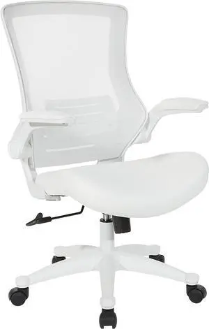 Office Star Ventilated White Screen Back Manager's Office Chair with Padded Color Flip Arms with White Nylon Base, White Faux Leather