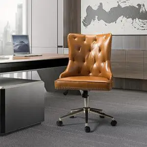 HULALAHOME PU Leather Office Chair Armless, Home Office Leisure Chair Ergonomic Mid-Back PU Leather Armless Chair Upholstered with 5 Rolling Casters, Height Adjustable Swivel Task Chair, Camel