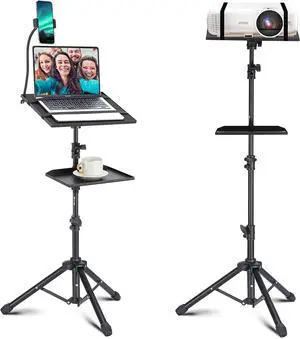 Lusweimi Projector Tripod Stand, 50 Laptop Stand with 2 Shelves for Projector, iPad, DJ Equipment, Portable Adjustable Floor Stand with Gooseneck Phone Holder for Office, Home, Stage or Studio