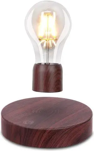 VGAzer Magnetic Levitating Floating Wireless LED Light Bulb Desk Lamp for Unique Gifts, Room Decor, Night Light, Home Office Decor Desk Tech Toys (Round Wooden Base..)
