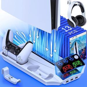 KICKDOT PS5 Stand with 4 Adjustable Cooling Fan, Dual Fast PS5 Controller Charging Station with 3 USB Hubs, Built-in 13 Game Storage PS5 Accessories PS5 Cooling Station for PS5 Digital/Disc Console