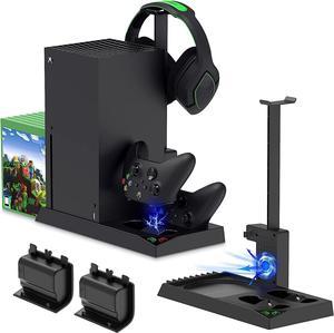 Charging Stand with Cooling Fan for Xbox Series X Console & Controller,Vertical Dual Charger Station Dock Accessories with 2x 1400mAh Rechargeable Battery & Cover,Headset Stand & 10 Game Slots (Black)