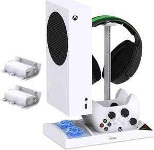 Upgraded Vertical Cooling Fan Stand for Xbox Series S, Cooler Fan System Dual Controller Charging Dock Station with 2 x 1400mAh Rechargeable Battery Pack, Headphone Bracket for Xbox Series S (White)