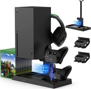 Charging Stand with Cooling Fan for Xbox Series X Console,Dual Controller Charger Dock Station with 2 x 1400mAh Batteries Packs,Game Storage Organizer,Vertical Headset Holder for Xbox Series X