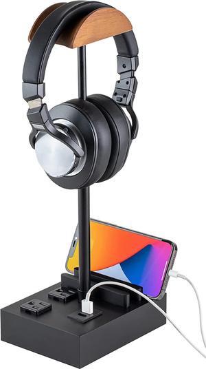 CASTLELIFE Headphone Stand Desktop Gaming Headset Holder with 2 AC Outlets and USB C&A Ports, Charging Station&Phone Stands, Height Adjustable Wood Earphone Table Game Accessories for Desktop Gamer
