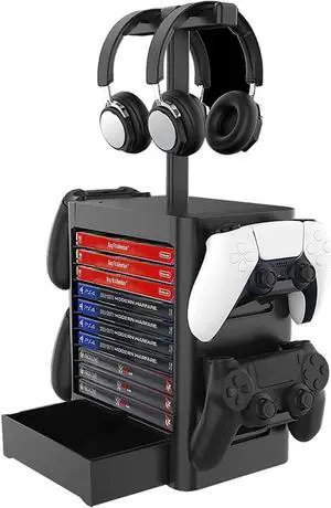 JOYTORN Games Storage Tower(Up to 10 Games) for PS5,Game Disk Rack and Controller/Headset Stand Holder Compatible with Xbox Series X/Nintendo Switch/PS4