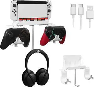 Hosanwell Switch Wall Mount, Wall Mount for Switch/Switch OLED, with Hooks for Hanging Joy-Cons, Dual Controller Holder with Non-Slip Mat, White