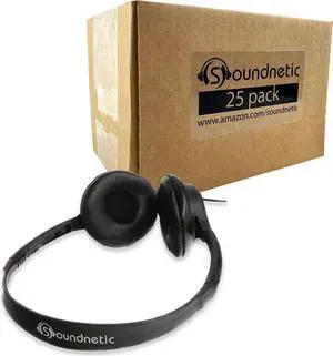Soundnetic SN313 Classroom Over The Head Stereo Headphones with Leatherette Earpads, Black, Count of 25, Pack of 1