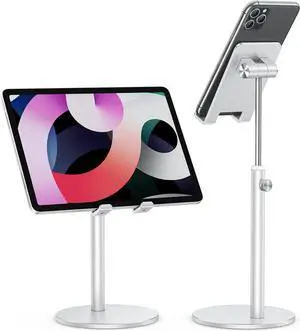 Cell Phone Stand, OMOTON Angle Height Adjustable Phone Holder, Aluminum Desktop Phone Dock for Desk, Compatible with iPhone 13/Mini/Pro/Max, All Smartphones and Tablets(4-11''), Silver
