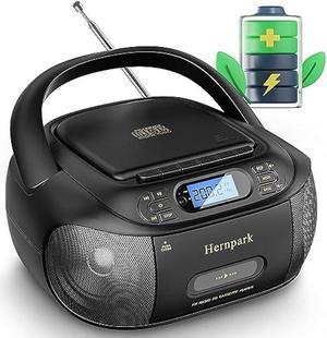 CD Cassette Player Combo, Hernpark Rechargeable Boombox with Bluetooth 5.1, Tape Recording, FM Radio, Super Bass, Stereo Sound, Aux/USB Drive, Headphones Jack, Boom Box for Indoor Outdoor