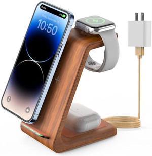Wireless Charging Station, Wireless Charger Stand, 3 in 1 Charging Station for Apple iPhone 15/14/13/12/11/SE/X/8 Series, for Apple Watch Ultra/9/8/SE/7/6/5/4/3, for AirPods Pro 2/3/2, Wood Pattern